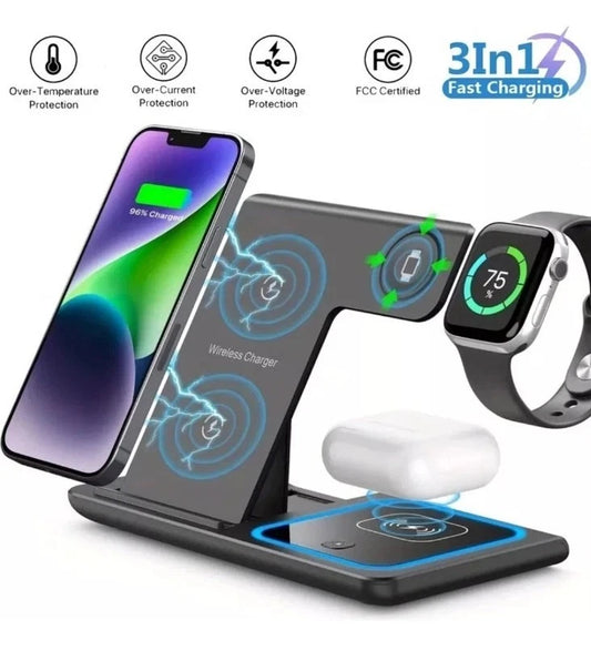 Wireless charging station with smartphone, watch, and earbuds on a white background