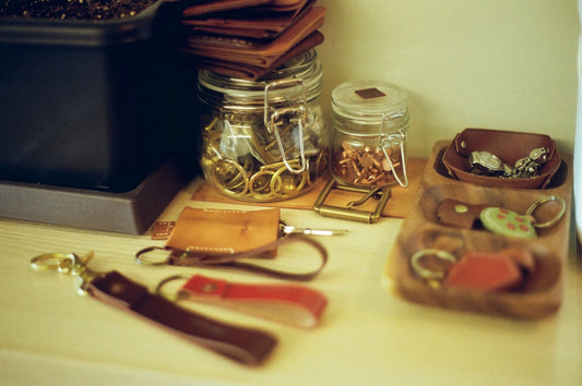 a wooden table topped with lots of different items