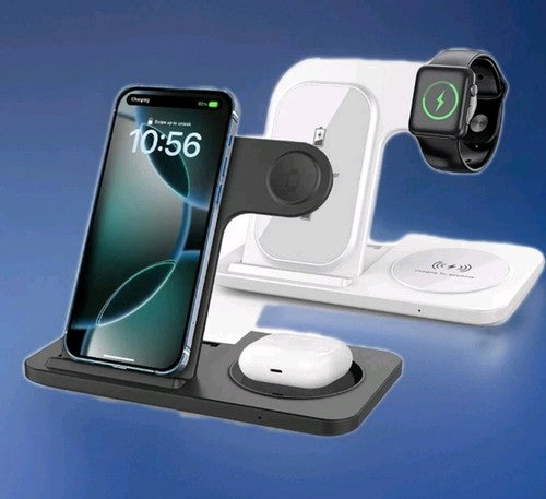 Multi-device wireless charging station with smartphone, smartwatch, and headphones on a blue background